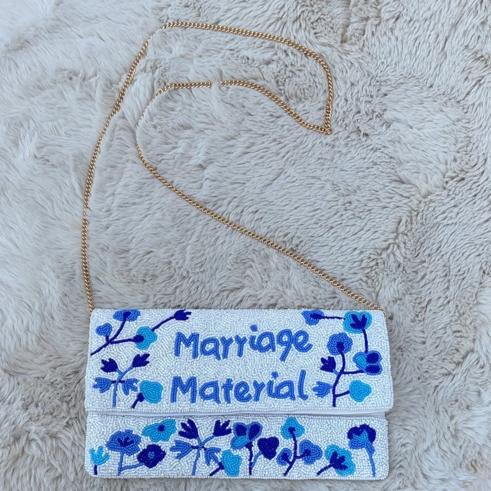 White Beaded 'Marriage Material' Floral Clutch